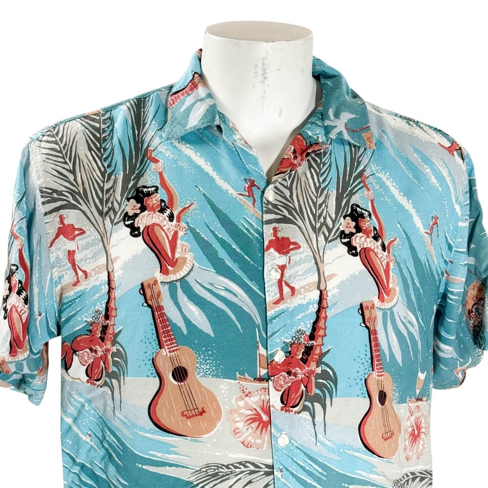 Malibu Dan Surf Wear Hawaiian Shirt Large Ukuleles Flowers Surfers Huts Blue Grn